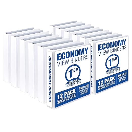 Samsill 1.5 Inch 3 Ring Binders, Economy Round Ring, Clear View Cover, 325 Sheet Capacity - for School, Home, Office - White, 12 Pack
