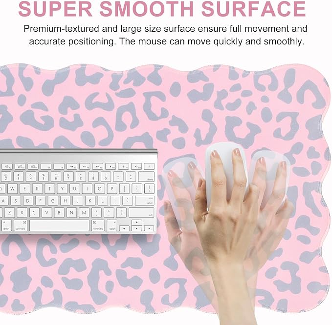 L-SPOUTTO Pink Leopard Mouse Pad,Scalloped Desk Mat XXL Large Cheetah Gaming Mousepad,35.4x15.7in Non-Slip Rubber Base Keyboard Pad Waterproof Desktop Mat for Laptop Computer Game Home Office