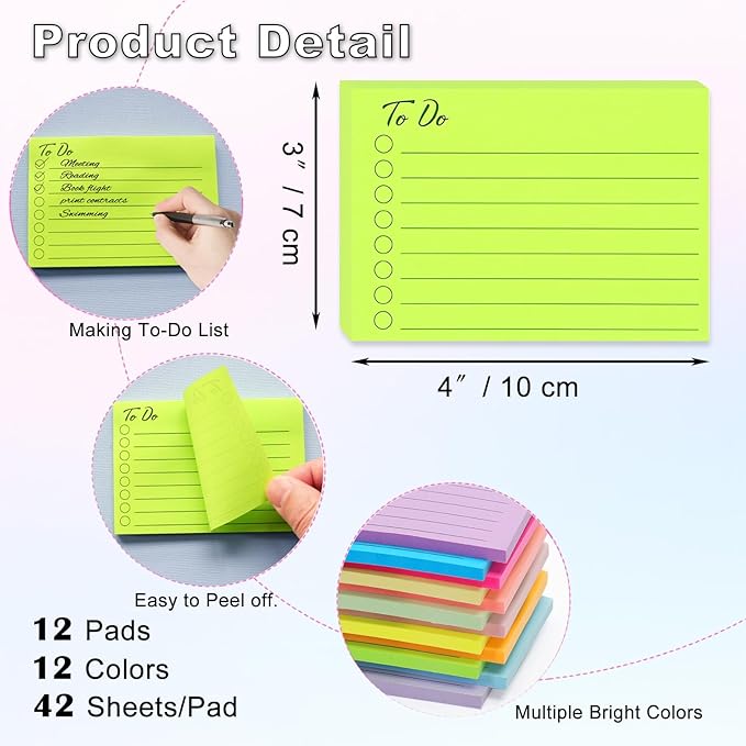 12 Pads to Do List Sticky Notes, 504 Sheets, 3x4 Inch with Line Adhesive Memo, 12 Bright Multi Colors Lined Self-Stick Note Pads, to Do List Notepad, Easy to Use for Home, Office, Notebook