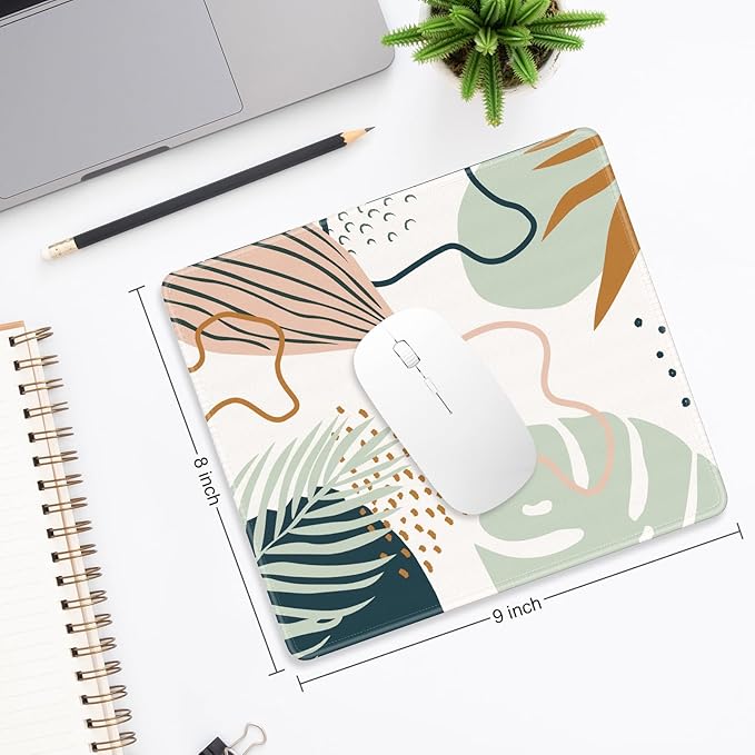 Mouse Pad, Minimalism Marble Style Computer Pad, Anti-Slip Rubber Mouse Mat with Stitched Edges for Gaming, Office, Laptop, PC, Women, 9" x 8" Thick 3 mm, Abstract Leaves
