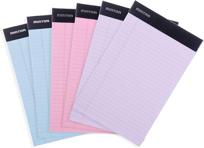 Mintra Office Colorful Legal Pads - Includes 2 Blue, 2 Pink, and, 2 Green Writing Pads, Micro Perforated Lined Sheets, Ideal for Professional & Personal Use, 5"x8" Narrow Ruled, 6 pack Basic Pastel