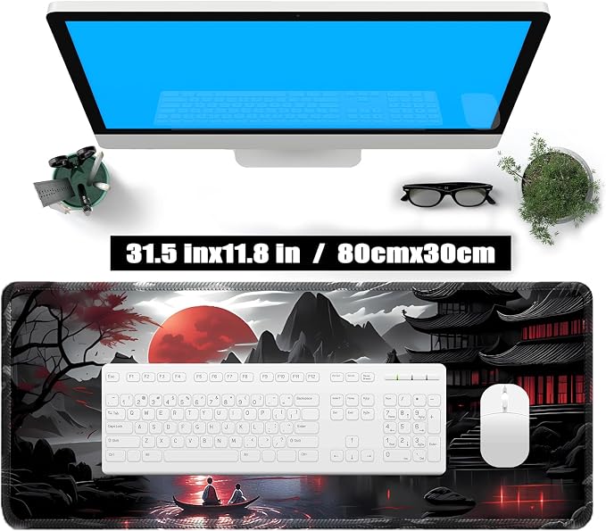 Japanese Sakura Mouse Pad, Red Moon, 31.5x11.8 Inch, Black Anime | Anime Desk Mat, Large, Non-Slip Rubber Base, Waterproof, Stitched Edges