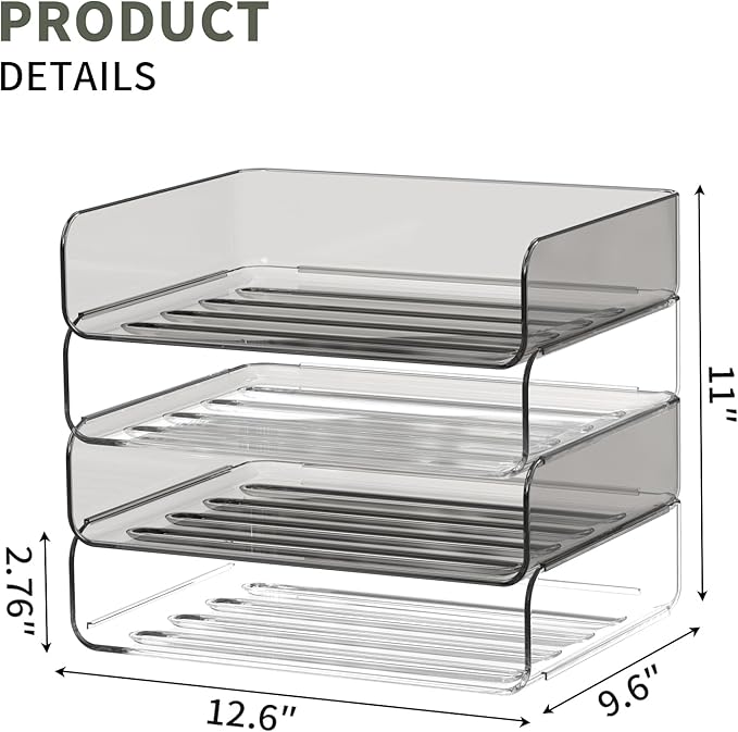 4-Tier Horizontal Acrylic Paper Tray Organizer | Clear Stackable Desk Organizer for Documents, Letters, A4 Paper | Modern Office/Classroom/Home Organization,Clear&Brown
