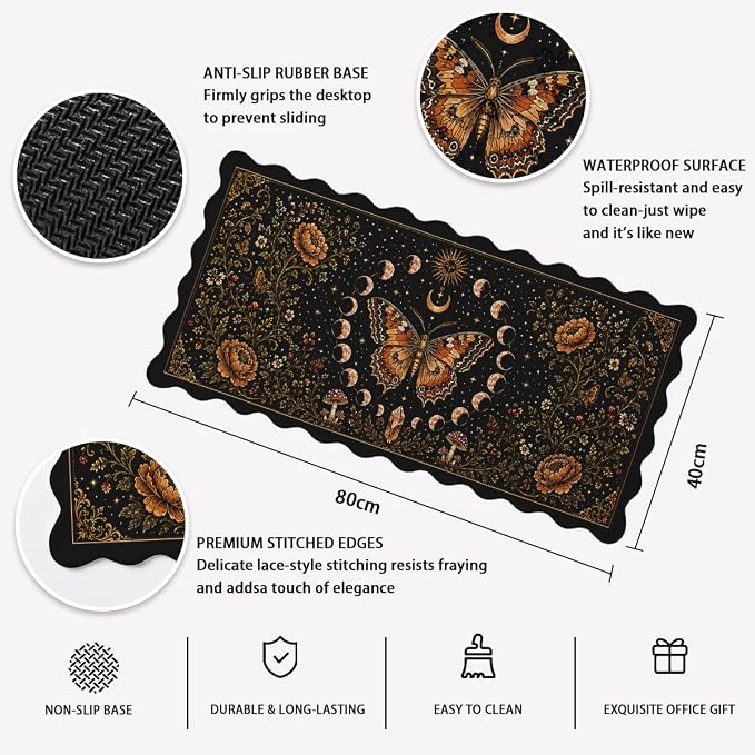 Celestial Butterfly Scalloped Desk Mat Gothic Black Gold Moon Phase Mousepad XL Large Gaming Mouse Pad Laptop Keyboard Mat Desk Pad Office Home Decor for Women Girl 31.5"x15.7"