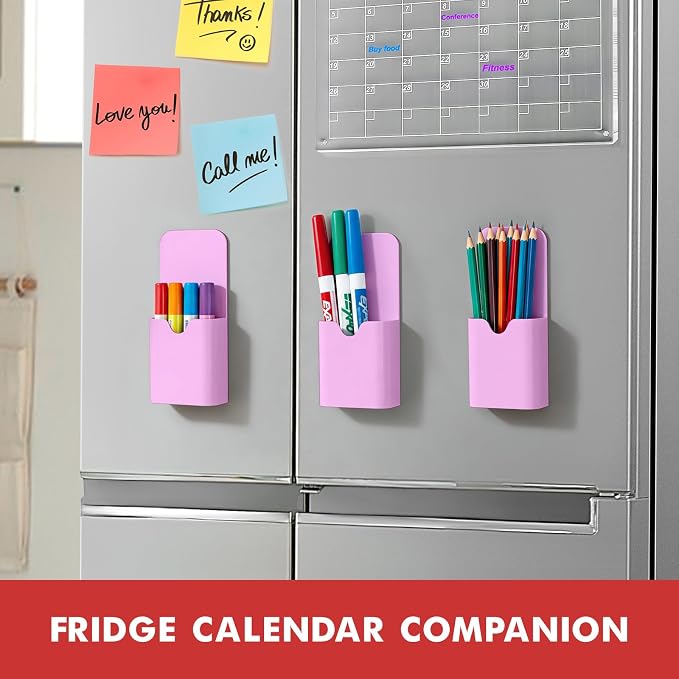 BEYGORM Magnetic Pen Holder for Refrigerator, Pencil Cup Organizer (Purple) | Upgraded 1.5mm thick magnetic backing for whiteboards, lockers & fridge; 4 Pcs dry erase marker holder for classroom & office