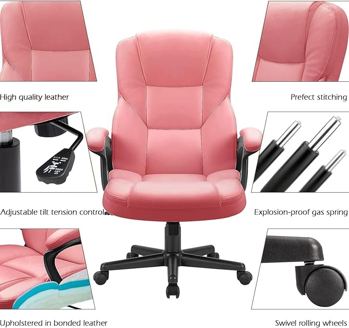 Furmax Office Executive Chair High Back Adjustable Managerial Home Desk Chair, Swivel Computer PU Leather Chair with Lumbar Support (2, Pink)