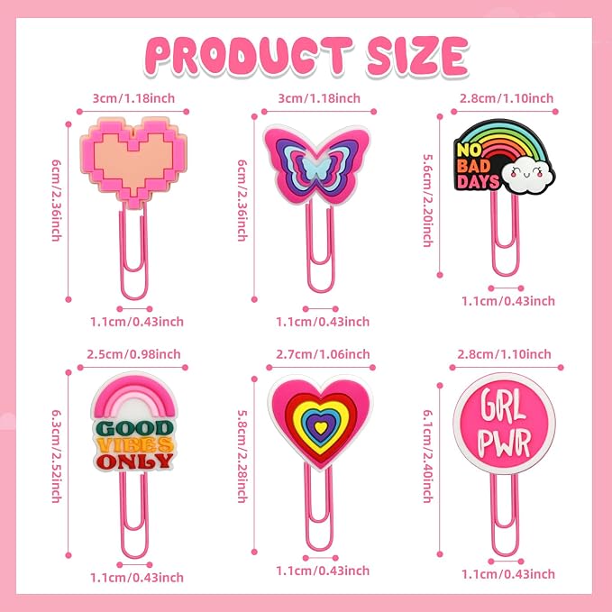 30 PCS Pink Paper Clips Metal Paperclip Large Size Paper Clip Cute Bookmark Colorful Office Supplies Bookmark Clamp Desk Accessories Stationery Gifts