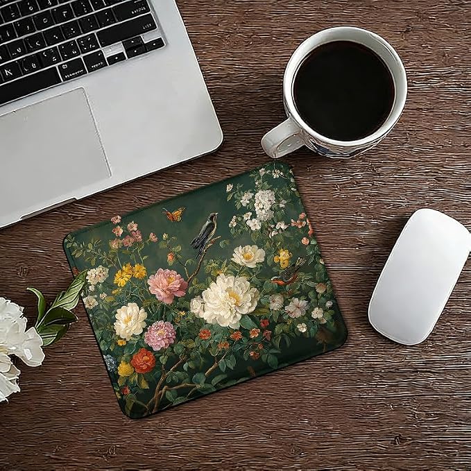 Vintage Spring Bird Floral Square Mouse Pad, Dark Green Cottagecore French Country Flower Garden Mousepad Mat for Home Office Computer Gaming Desk Accessories 9.5x7.9 in
