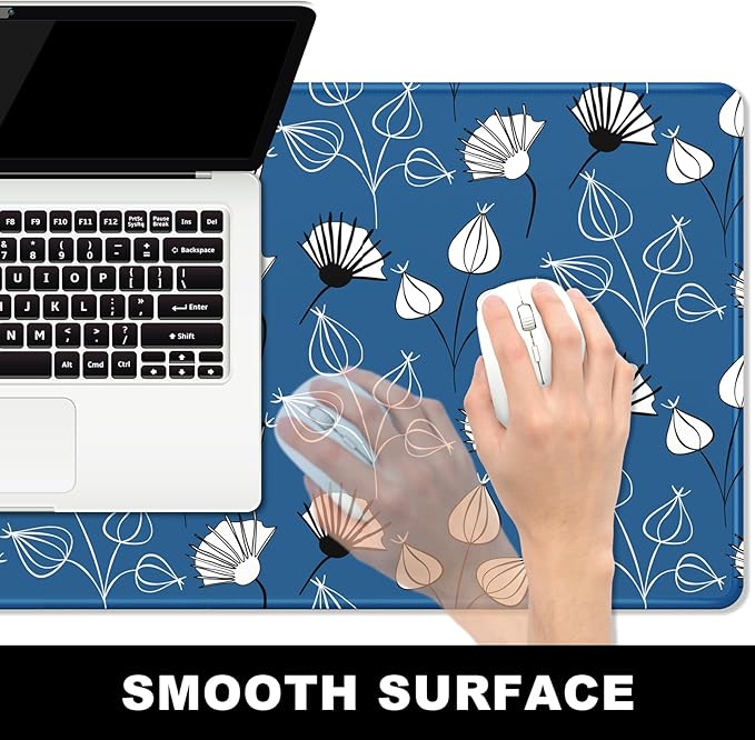 BOSOBO Large Desk Pad - XXL XL Extended Gaming Mouse Pad, Long Keyboard Mat for Office & Home, Desktop Full Cover 35.5 x 15.7 Inches, Minimalist Blue White Flowers