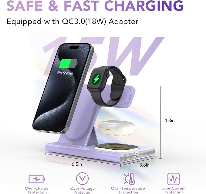 3 in 1 Foldable Wireless Fast Charging Station for Apple Multiple Devices | iPhone Charging Station for iPhone 17, Travel iWatch Charger Stand, Light Nightstand Charging Dock for Apple Watch/Airpods
