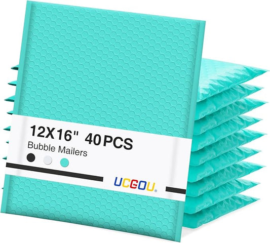 UCGOU Bubble Mailers 12x16 Inch 40 Pack Usable Size 12x15 Inch Large Padded Envelopes Teal Waterproof Packaging Bags for Shipping Self Seal Strong Adhesion Envelopes for Jewelry Makeup Supplies