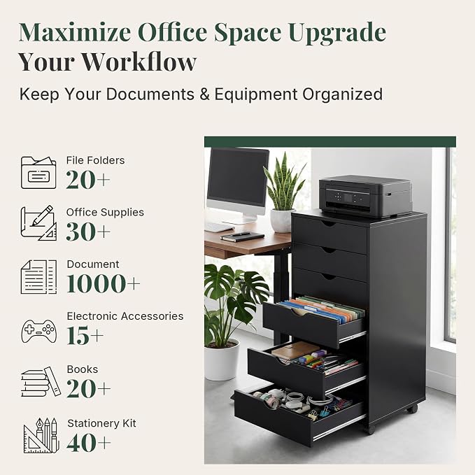 7 Drawer Mobile File Cabinet, Printer Stand with Wheels | Wood Under Desk Storage Cabinet, Rolling Printer Cart, Vertical Filing Chest for Small Space, Home Office, Living Room, Black