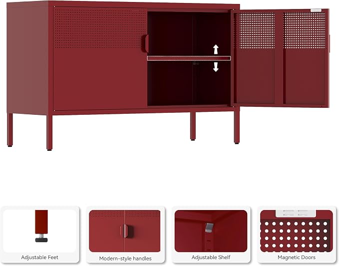 Metal Storage Cabinet,2 Door TV Stand, Metal Mesh Accent Cabinet | Magnetic Door Closure,Low Storage Cabinets with Doors and Shelf for Home,Office,Living Room