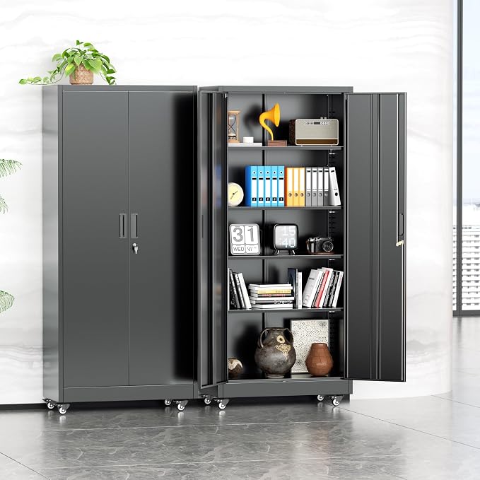 INTERGREAT73 Garage Storage Cabinet with Wheels, Rolling Metal Storage Cabinet with Locking Doors and 4 Adjustable Shelves,- 73" Steel Tool Cabinet for Home Office,Garage,Warehouse，Black
