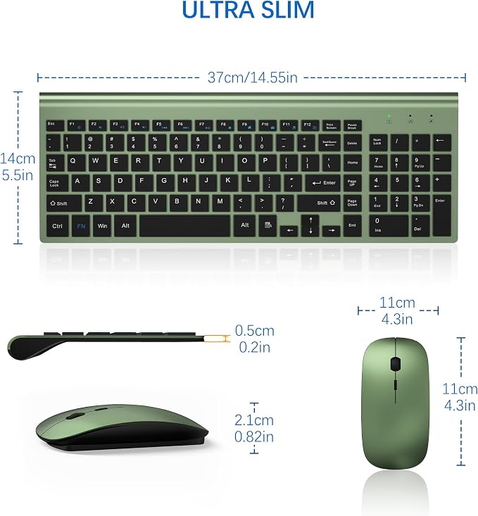 Wireless Keyboard and Mouse Ultra Slim Combo, TopMate - Green Black | 2.4G Silent Compact 2400DPI Mouse and Scissor Switch Keyboard Set with Cover, Batteries Included, for PC/Laptop/Windows/Mac