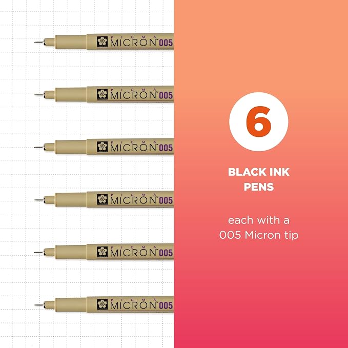 SAKURA Pigma Micron Fineliner Pens, 005 Tip Size, Archival Black Ink, 6PK 50034 | Archival Pigment-Based Black Ink Pens for Writing, Illustration & Journaling, Precise Points & Lines, No Bleed