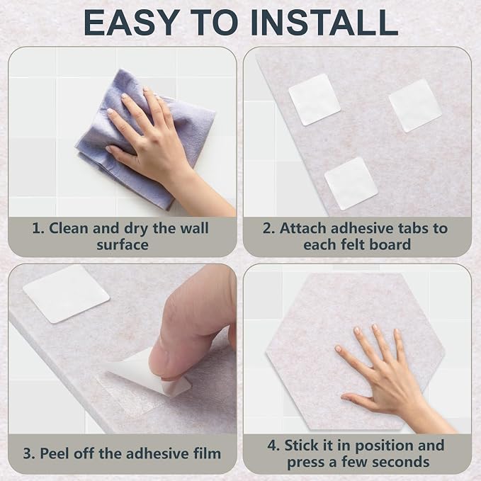 Hexagon Cork Board for Walls Decor, 8 Pack Felt Bulletin Board Tiles with 30 Pushpins, 50 Adhesive Tabs, 12" Pin Board Felt Board for Office & Home Classroom, Notes Photos and DIY Decor