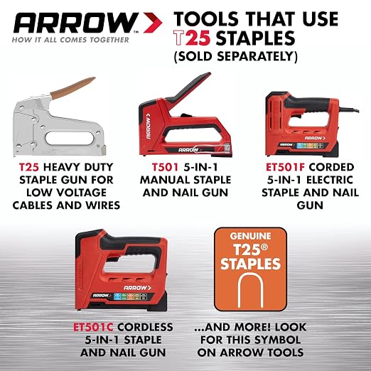 Arrow Heavy-Duty T25 Round Crown Staples, 1100 Count | For Low Voltage Cables & Wires, Up to 1/4" Wire Diameter, 7/16" Leg Length, 5/16" Crown Width