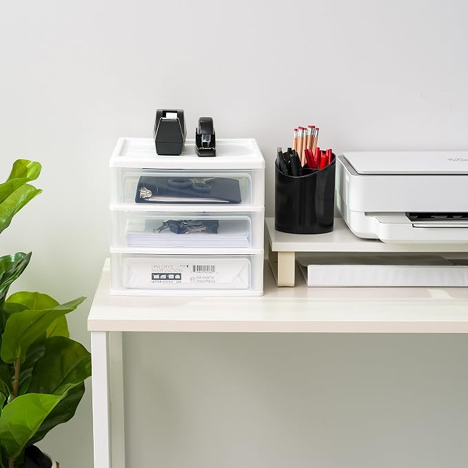 IRIS USA 2-Pack, 3-Drawer Medium Plastic Stacking Desktop Organizer, White | Keep dorm desks organized with drawers for school supplies, makeup, snacks, chargers and everyday college essentials