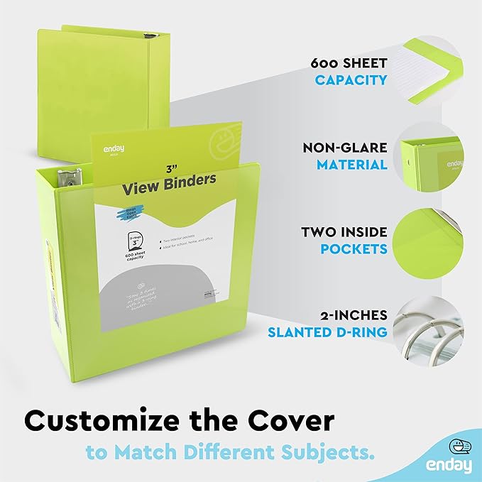 Enday 3 inch Binder (12 Pack - Assorted Colors) 3 Ring Binder 3 inch with Clear View Cover and 2 Inside Pocket - for Letter Size 8.5 x 11'' Paper, Ideal for School Supplies, Office, and Home