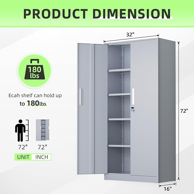 Metal Storage Cabinet, 72" Locking Steel Cabinets with 2 Door and 4 Adjustable Shelves, Tall Metal Cabinet for Home Office, Garage, Warehouse,(Cement)