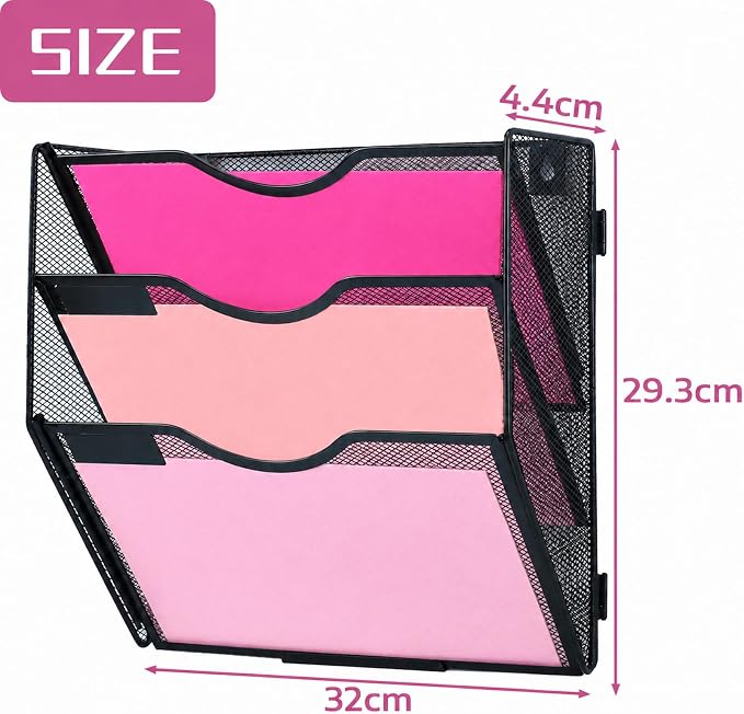 3 Pockets Mesh Wall File Holder Organizer Office Hanging File Folder Magazine Rack, Nametag Label Hooks Set Included (Black)