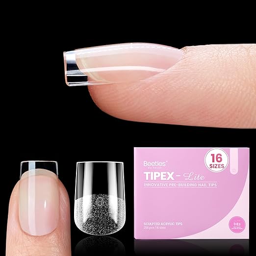Beetles Tipex Lite Pre-Built Apex Nail Tips, Square XS Short, 256pcs Value Pack, 16 Sizes | 00-14, Flat-Nail Friendly Acrylic Tips for Natural Nail Beds, Easy for Beginner DIY