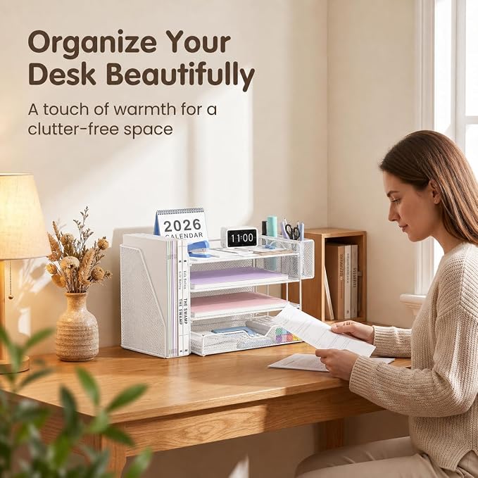 Desk Organizers and Accessories, 4-Tier Desktop File Organizer with Drawer and Pen Holders, Office Desk Accessories Workspace Organizers for Office Supplies (Soft White)