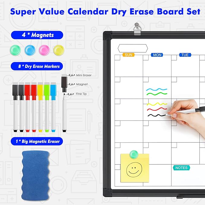 Magnetic Dry Erase Calendar Whiteboard for Wall 36"x24", Monthly White Board Calendar Dry Erase Wall Hanging Aluminum Frame with Tray for Home, School, Office