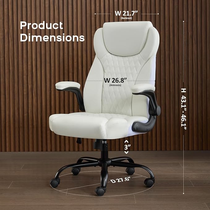 amseatec Big and Tall Office Chair, Flip-Up, Executive Desk Chair, White | Ergonomic Leather High Back, Lumbar Support, 90 °Lock, 115° Tilt, 20 Spring Packs, 300lbs Capacity, Wide Seat/Smooth Casters