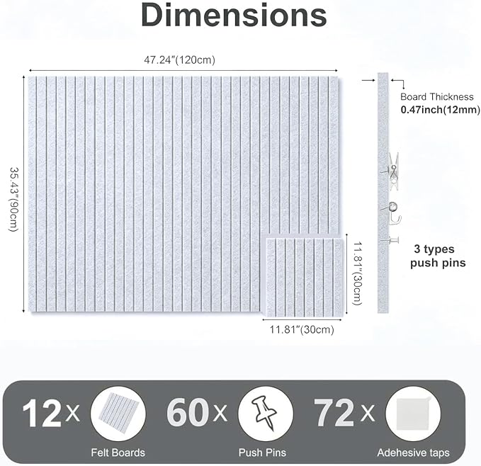 0.47" Thick Felt Pin Board 48"x36" Large Cork Board Alternative 12 Pack 11.81"x11.81"Felt Bulletin Board Wall Tiles Notice Board with 60 Pushpins for Home Office School(Fine-Silver Grey)
