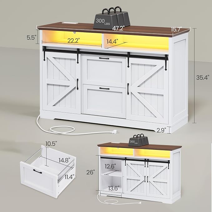 SEDETA 47.2" File Cabinet, 2 Drawers Filing Cabinets for Home Office fit Legal/Letter/A4 File, Farmhouse File Cabinet with Barn Door & Power Outlets, Printer Stand with Storage & LED Lights, White