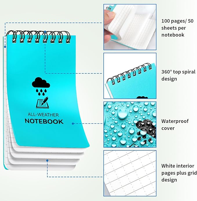 3 Pack Waterproof Notebook, 3 x 5 Pocket Notepad, All Weather Small Pocket Notebook Paper, Mini Spiral Notepad Police Notepad 100 Lined Pages for Outdoor Office