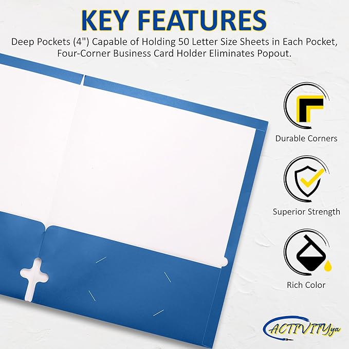 10 Pack Two Pocket Folders, Light Blue, Strong Thick Paper Folders, for Letter Size, by ACTIVITYya