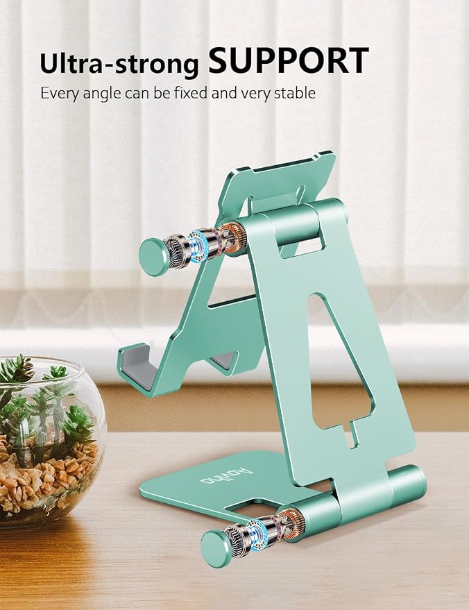 Aoviho Foldable Cell Phone Stand for Desk, Holder for iPhone,Mint Green | Folds Flat for Easy Storage, Hands-Free Viewing, Fits iPhone 17/16/15 Series & Samsung Galaxy, Ideal for Office & Home