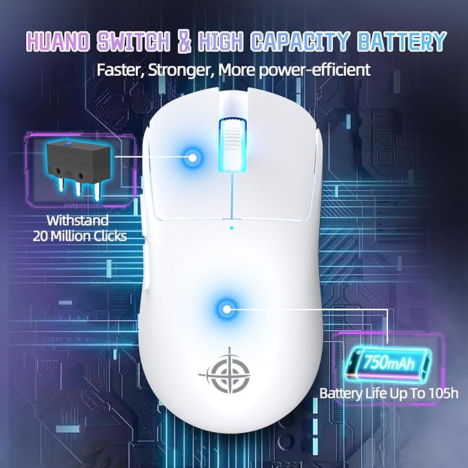 MAGIC-REFINER G6 Wireless Gaming Mouse,24000 DPI Adjustable,72g Lightweight Mouse,1000Hz Polling Rate,Tir-Mode BT/2.4G/ Wired Gaming Mouse,750mAh Battery,with Grip Tape for Gamer/Office/PC/Mac,White