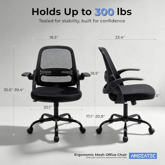 amseatec Mesh Office Chair, Ergonomic Home Office Chair with Flip-Up Arms | Breathable Mesh Back & 3" cushion. BIFMA Certified. 90-110° Rocking. Supports 300 lbs.