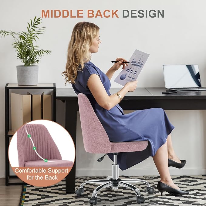 DUMOS Comfy Office Desk Chair, Armless Computer Vanity Chair | Height Adjustable, 360° Rolling Swivel Task with Wheels, Wide Seat, Cute, Home Bedroom, Student, Adults, Dusty Rose