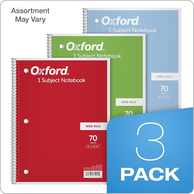 Oxford 1-Subject Notebooks, School Journal, 8 x 10-1/2 Inch, Wide Rule Paper, 70 Sheets, 3-Hole Punch, 3 Count, Red, Blue, Green, Color Assortment May Vary (65029) (Pack of 8)