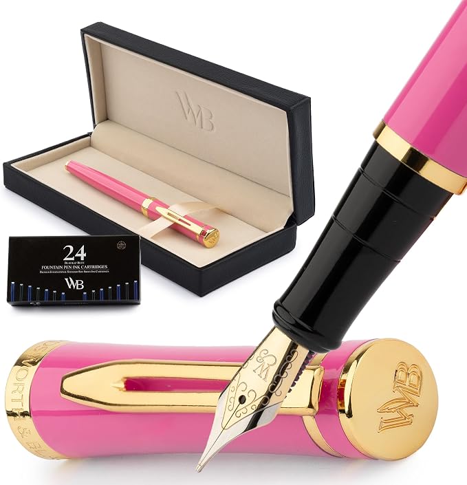 Wordsworth & Black Luxury Fountain Pen Set for Writing, Medium Nib, Pink | Gift for Men & Women, Brass Body, 18K German Iridium, Calligraphy, Converter + 24 Ink Cartridges, Refillable, Leak-Free