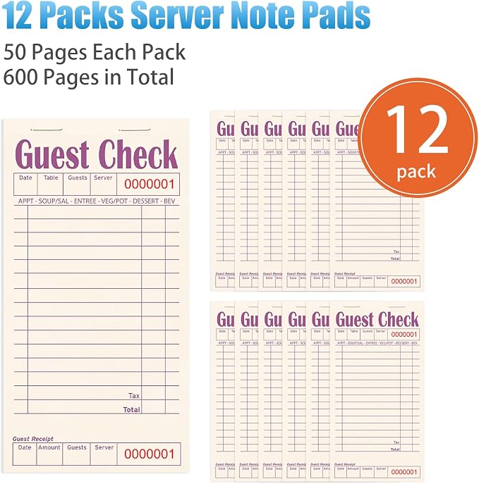 ZPARIK Guest Checks Books for Servers, Natural Color Paper, 12 Pack Purple | 12 Pack Guest Checks with 50 Sheets Per Book, Waiter Checkbook, Waitress Notepad for Restaurants, Perfect for Servers