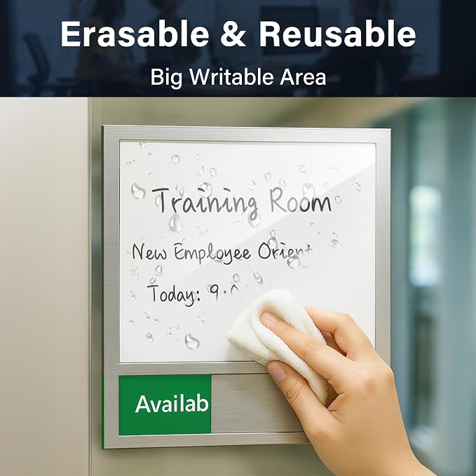 Conference Room Door Sign with Slider – Office Door Sign for Meeting Room, Writable Whiteboard Panel, DIY Custom Insert Options, In Use Available Sign, Self-Adhesive Mount, Brushed Silver