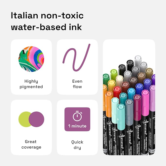 ARTISTRO 30 Acrylic Paint Marker Pens with Carton Box | Extra Fine Precision Tips, Painting & Calligraphy, Multisurface for Fabric, Rock, Glass Painting, Wood, DIY, Craft, Canvas
