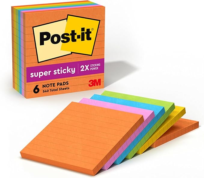Post-it Super Sticky Lined Notes, 6 Sticky Note Pads, 4 x 4 in., Ideal for Organization in Your Dorm, Home or Office, Energy Boost Collection