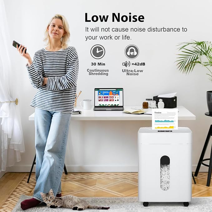 Wingwise Ultra Low Noise 42dB Paper Shredder for Home Office White | 15 Sheets, P-4, 30 Mins Runtime, 6.6 gal, Corss Cut, Shreds CDs & Credit Cards