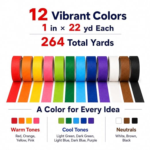 Colored Masking Tape 1 Inch, 12 Rolls, 12 Colors, 264 Total Yards | 12 colored tape rolls, 22 yd each, writable, easy to tear and remove, with a clear storage box for labeling and crafts