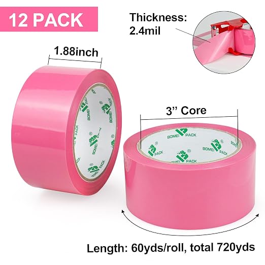 BOMEI PACK Pink Packing Tape with Dispenser, 2.4 Mil 1.88 Inch x 60 Yards, 12 Refills Rolls Pink Color Box Packaging Tape for Moving, Shipping, Mailing and Storage