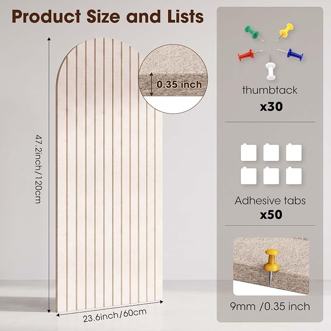 Arched Felt Bulletin Board 47" x 24", High Density Cork Board Alternative for Office & Wall Decor, DIY Corkboards for Wall with 30 Push Pins & 50 Adhesive Tabs, Picture-Board for Home (Beige)