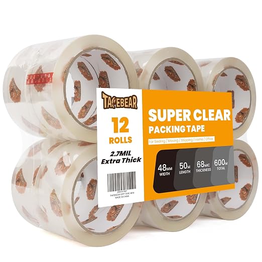 TAPEBEAR Super Clear Packing Tape 1.88" x 55Yards 2.7mil Thick Moving Tape | Storage Packaging Tape Heavy Duty Tape Refills, High Transparency, Long Lasting, 12Rolls