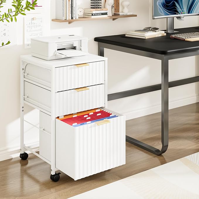 VINGLI 3 Drawer Fluted File Cabinet, Rolling File Cabinet Mobile Under Desk File Cabinet with Wheels, Fabric Drawers Printer Stand for Home Office, Fits Letter Size, White